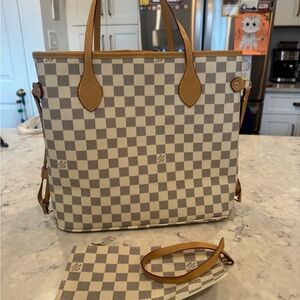 Checkered Beige and Brown Louis Tote Bag with wristlet